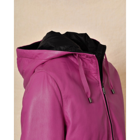 Blouson à capuche en cuir fuchsia Possery