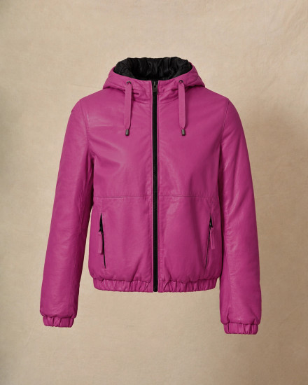 Blouson à capuche en cuir fuchsia Possery