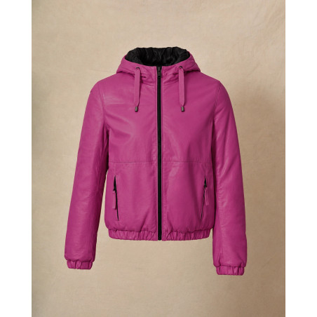 Blouson à capuche en cuir fuchsia Possery