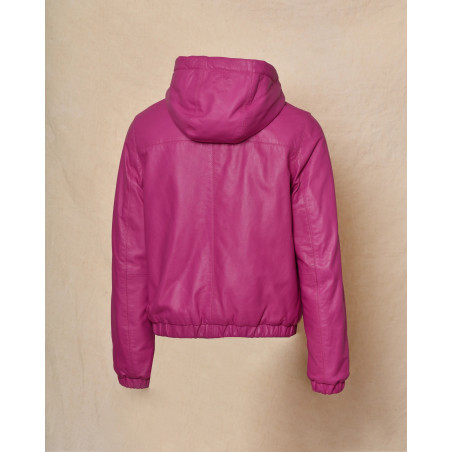 Blouson à capuche en cuir fuchsia Possery