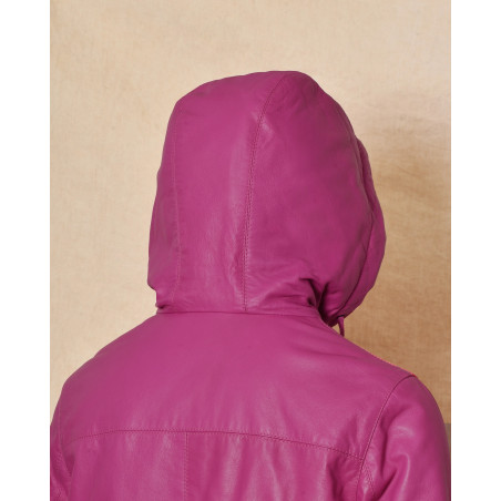 Blouson à capuche en cuir fuchsia Possery