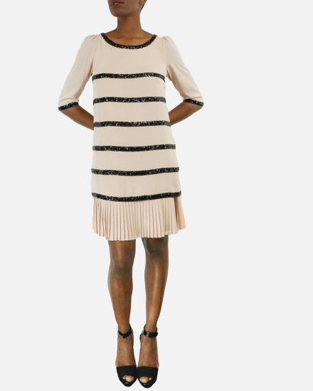 Robe en mousseline rose à galon sequin noir Edward Achour