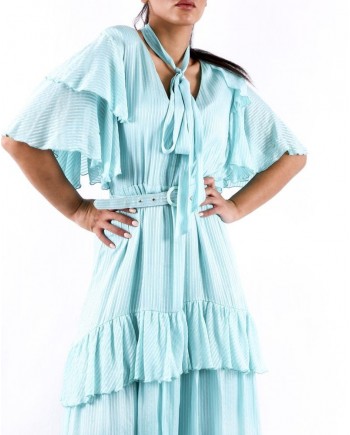 Robe longue en soie bleu turquoise lamé volanté Space Simona Corsellini 