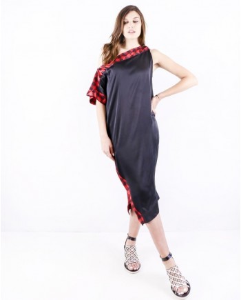 Robe foulard en soie noir à galons rouge Michel Klein 