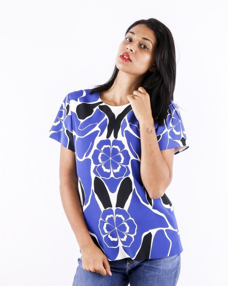 Blouse en soie blanc à imprimé fantaisie bleu Alexander McQueen