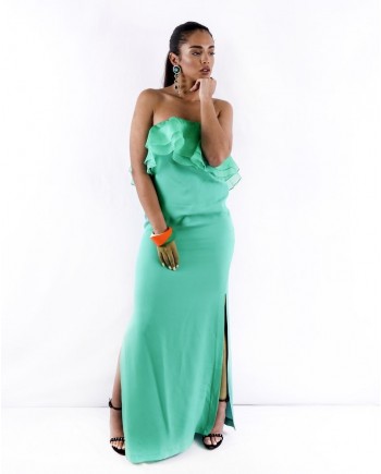 Robe volanté bustier en soie vert Space Simona Corsellini