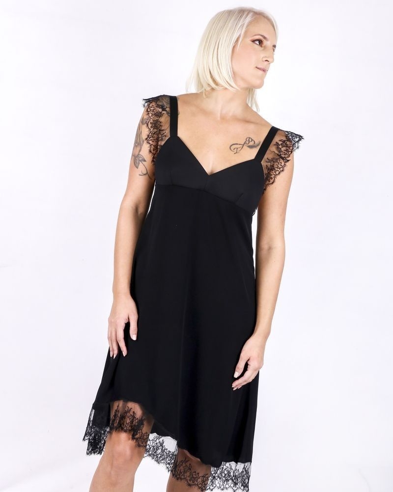 Robe en crêpe satinée noire à dentelle Neil Barrett