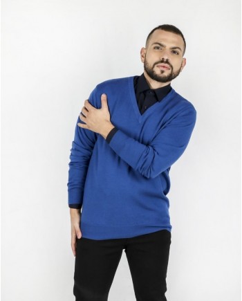 Pull col V en merinos bleu électrique Angela Réali 