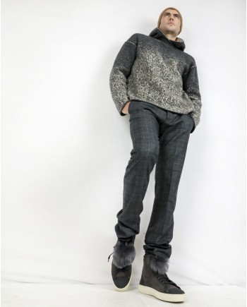 Pull en laine gris et beige à capuche Isabel Benenato 