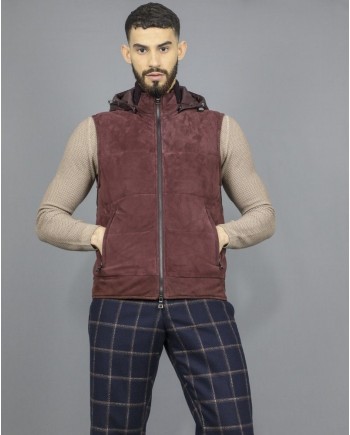 Doudoune sans manches en daim bordeaux à capuche amovible Casheart