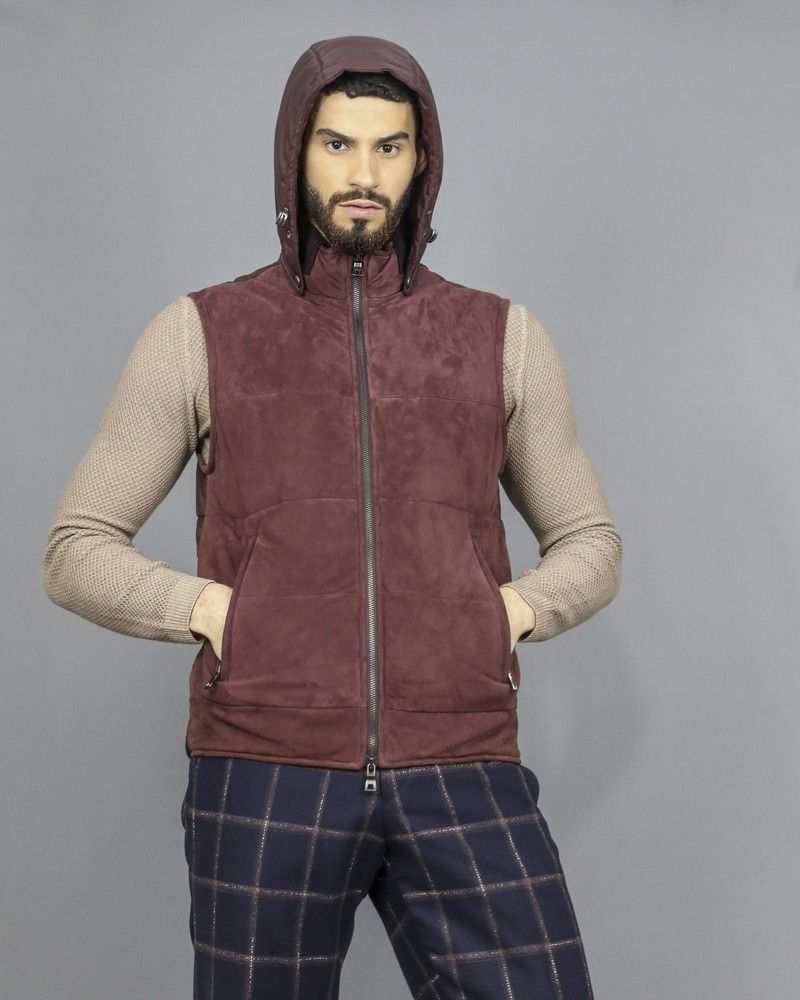 Doudoune sans manches en daim bordeaux à capuche amovible Casheart