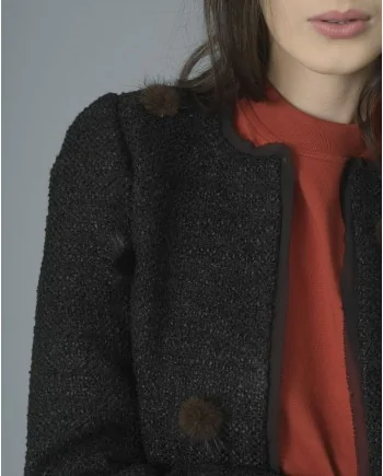 Veste noire en tweed à pompons en vison Edward Achour 