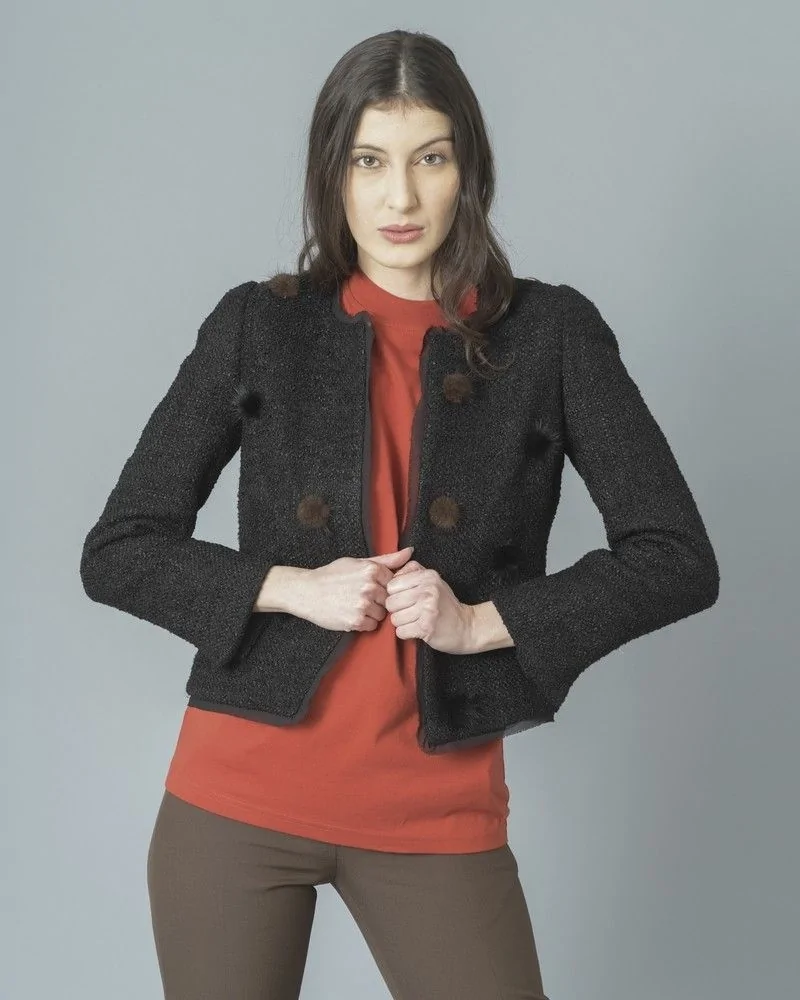 Veste noire en tweed à pompons en vison Edward Achour 