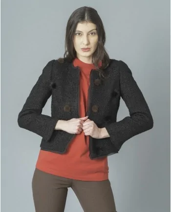 Veste noire en tweed à pompons en vison Edward Achour 