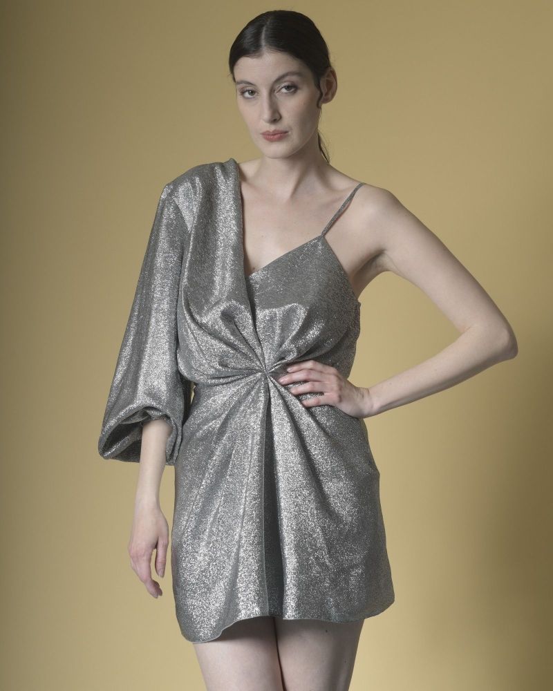 Robe asymétrique en soie métallisée à drapé Space Simona Corsellini