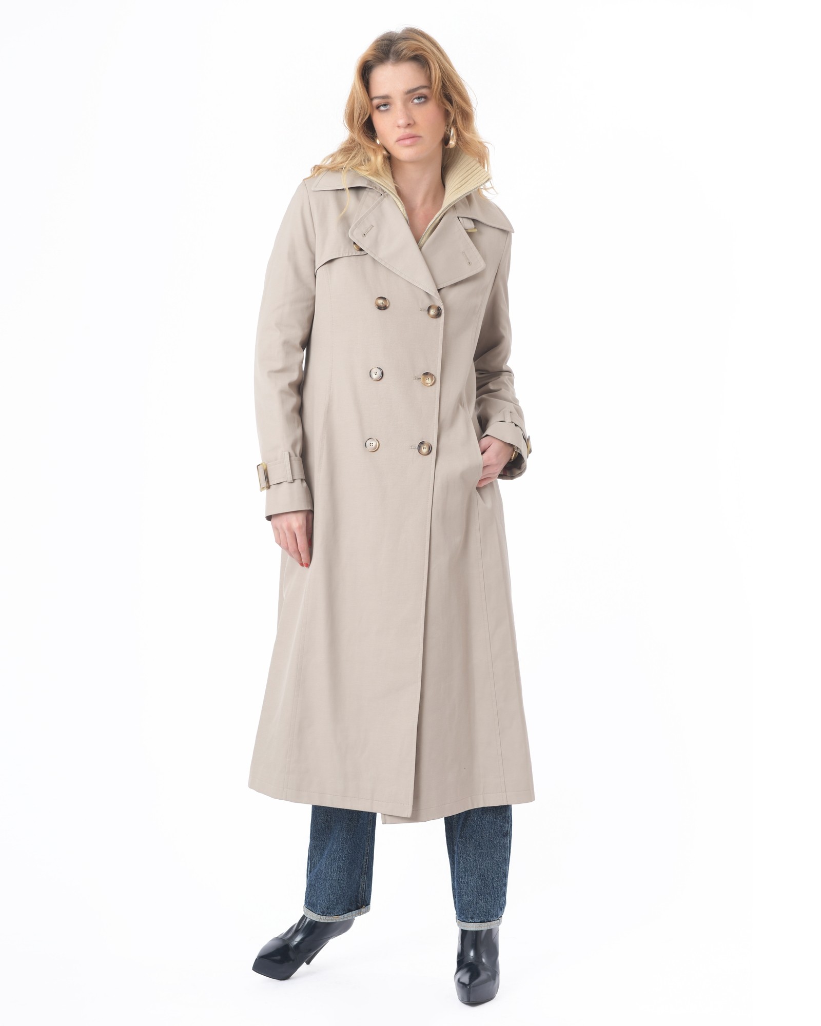 Veste Trench Femme Ancienne - Marine/taupe - Taille XS - 100% Coton - Double Boutonnage - Occasion Très Bon état